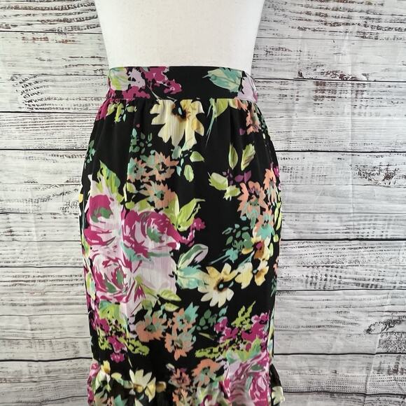 Elementz Skirt sz Large Black Pink Green Floral Sheer Knee Ruffle Modest Wedding - Picture 2 of 9